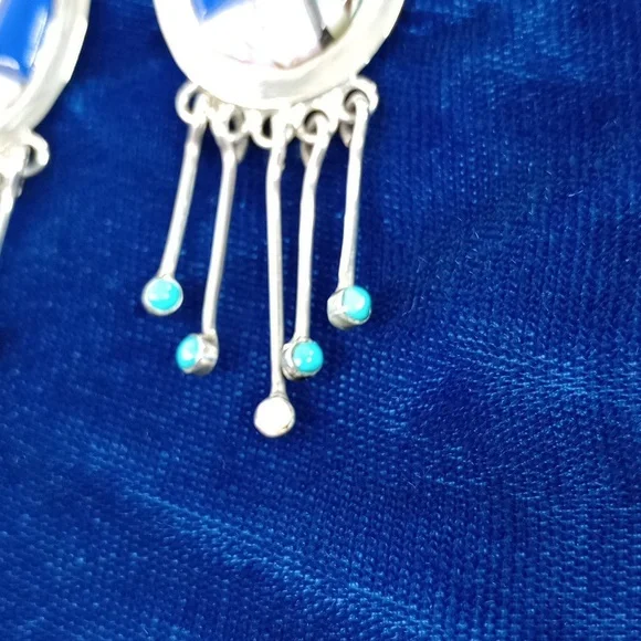 Vintage Native American Multi Stone On Sterling Silver Dangle Earrings Post - Picture 7 of 16